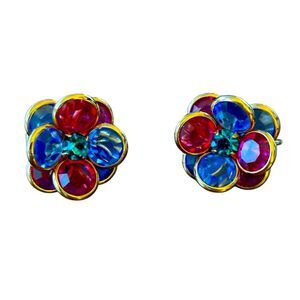Vintage Floral Clip-On Earrings Gold-Tone Multicolor Gemstone Retro Jewelry